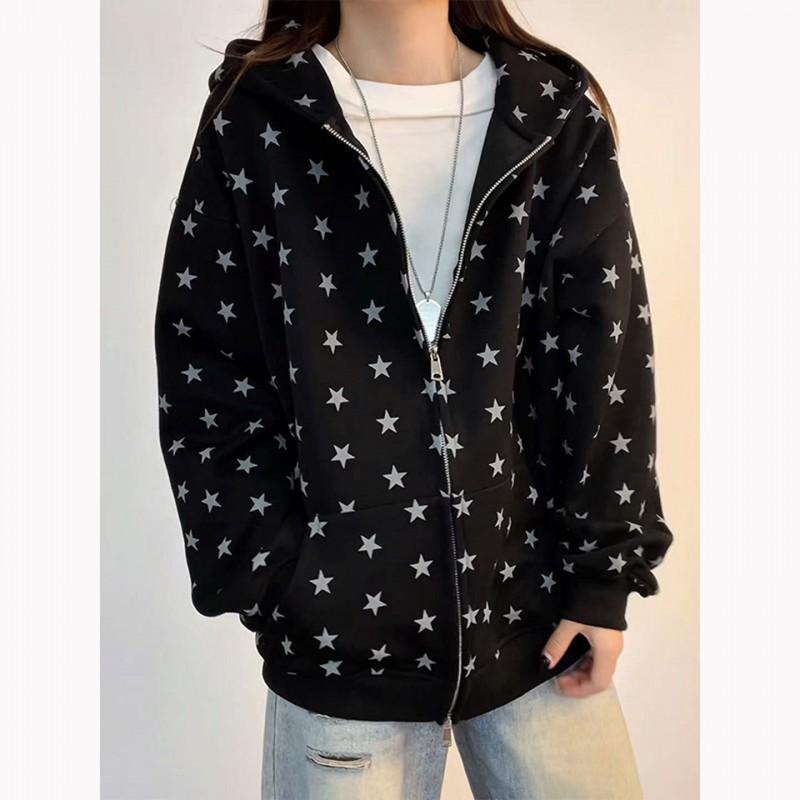 Unisex Oversized Hooded Zip-Up Sweatshirt With Star Print Premium Heavyweight Cotton Blend Casual Fall Streetwear