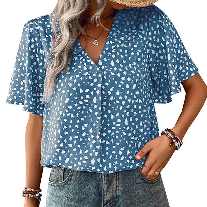 Women Leopard Print V Neck Short Sleeve Mid Length Casual Shirt