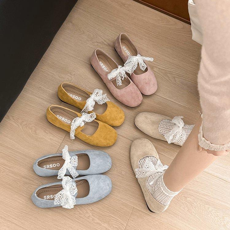 French ballet style lace-up bow single shoes women's spring and autumn 2025 new flat-bottomed sweet and cute Mary Jane shoes