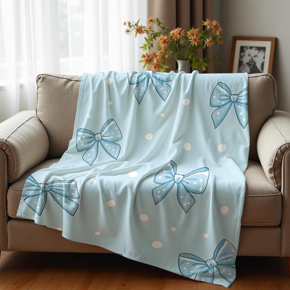 Light Blue Polka Dot Bow Soft Flannel Blanket Breathable Warm Throw for Office Car Sofa Kids Room Birthday Xmas Gift