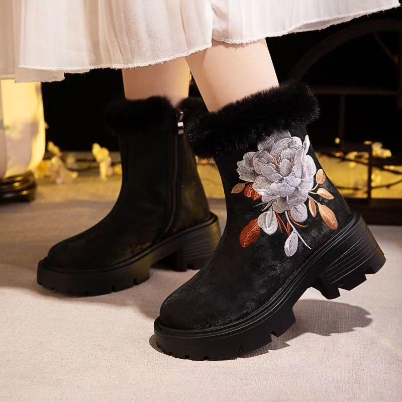 Women's Winter New Block Heel High Top Embroidered Cotton Boot Thick Sole Plush Warm Zippers Round Toe Ethnic Style Hanfu Shoes