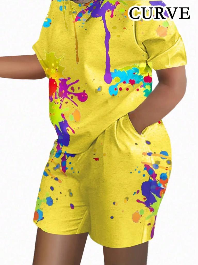 Summer Colorful Print Women Two-piece Sets Casual Short Sleeve Round Neck T-Shirt & Shorts Loungewear Short Sleeve Shorts Two-piece