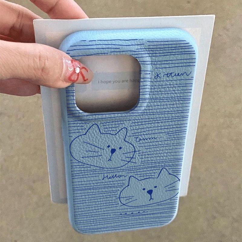 Blue Line Cat for Apple 16pro Mobile Phone Case 15proma X Soft Glue 13p Imitation Leather 12pro Cartoon