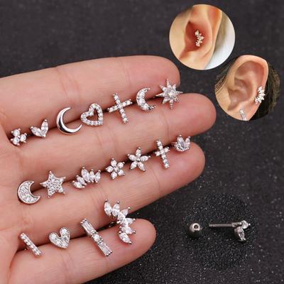 1Pc Women Cubic Zirconia Inlaid Sun Star Moon Cross Helix Ear Stud Jewelry Gift