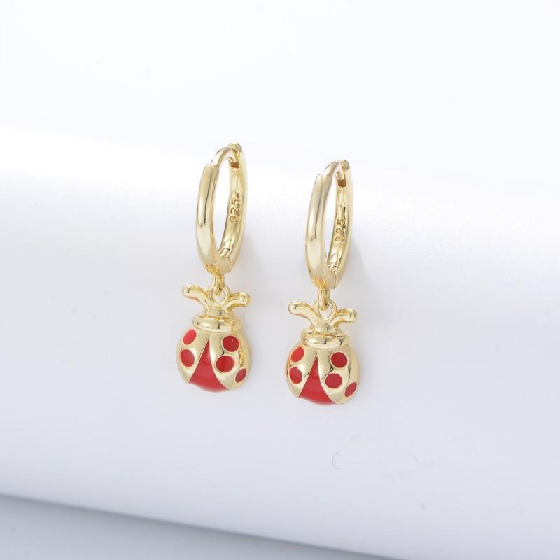 Cute Enamel Ladybug Earrings Women Sweet Insect Animal Studs Sterling Yellow White 925 Sterling Silver