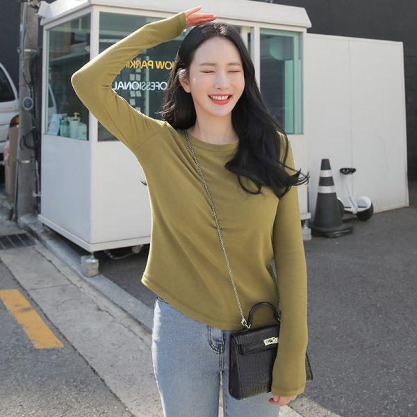 Damen Doppelseitiges Samt Langarm Top, Gebürsteter Weißer Rundhalsausschnitt, Koreanischer Stil für Herbst und Winter.