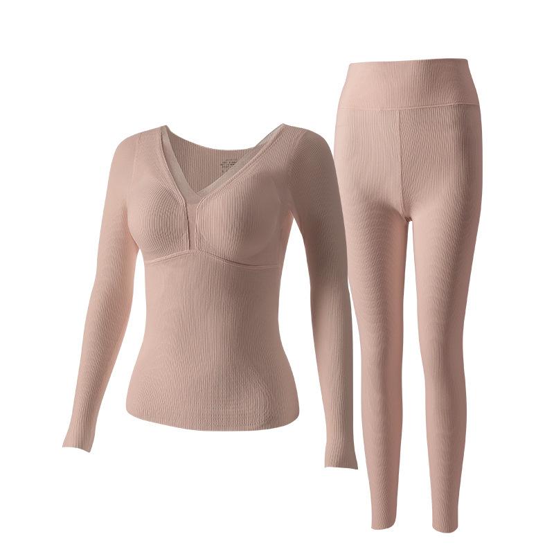 Thermal Wool & Silk Base Layer Set with Seamless Integrated Bra and Chest Pads for Autumn Warmth
