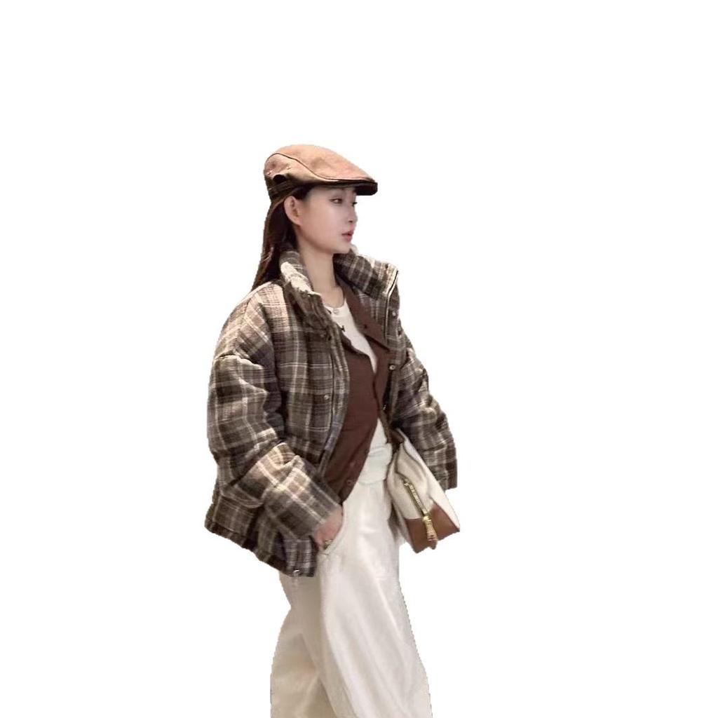 Woolen plaid stand-up collar down jacket, women's loose and thickened Northeast can wear lazy retro style white duck down jacket