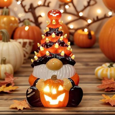 Dekoracja Krasnala na Halloween ze Światłem, Ceramiczna Figurka Krasnala Dyniowego do Oświetlania Drzewka, Pomarańczowa LED Dekoracja Stołu na Jesień do Domu, na Imprezę Halloweenową