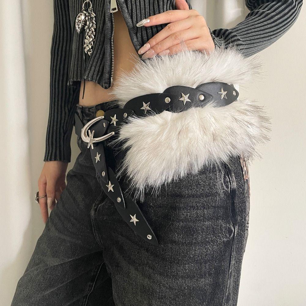 Y2K Plush Furry Splicing Belt Punk Star Rivet Belt Vintage Faux Fur Belts  Women Fashion