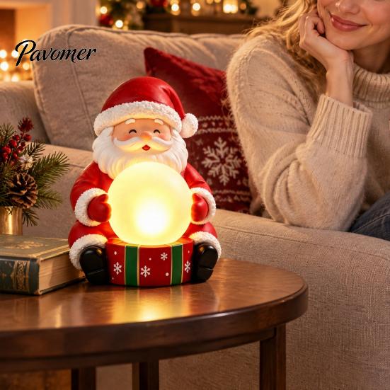 Santa Claus Figurine with Light Up Figurine, Christmas Statue Holding Glowing Crystal Ball, Warm Holiday Atmosphere Lighting Night Light, Tabletop