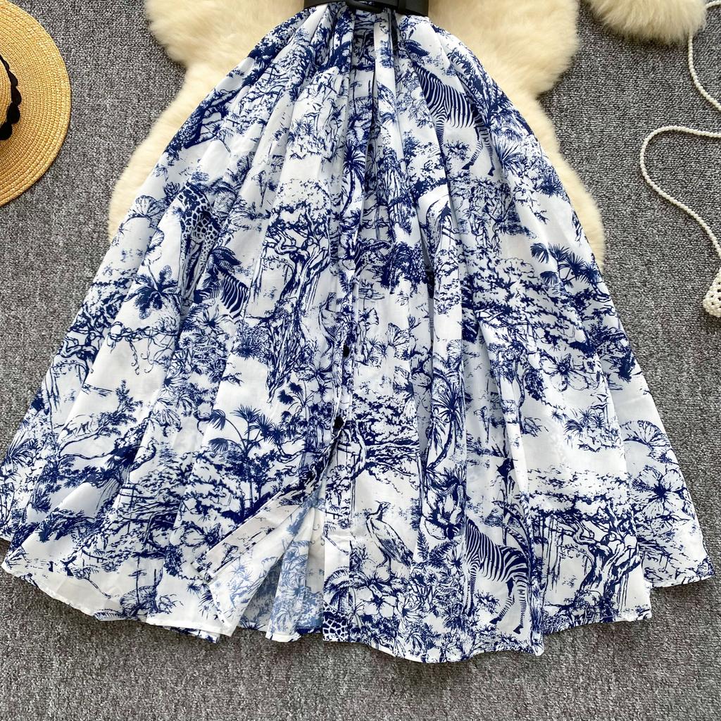 Women's Lapel Collar Vintage Midi Shirt Dress Summer Runway Pleated Short Sleeve Retro Jungle Print Belt Ladies Midi Dresses