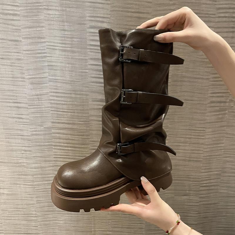 

Дизайнерские женские ковбойские ботинки на толстом каблуке, модные женские ботильоны с пряжкой на ремне, зимние ботинки botas de inverno feminina 35 коричневый