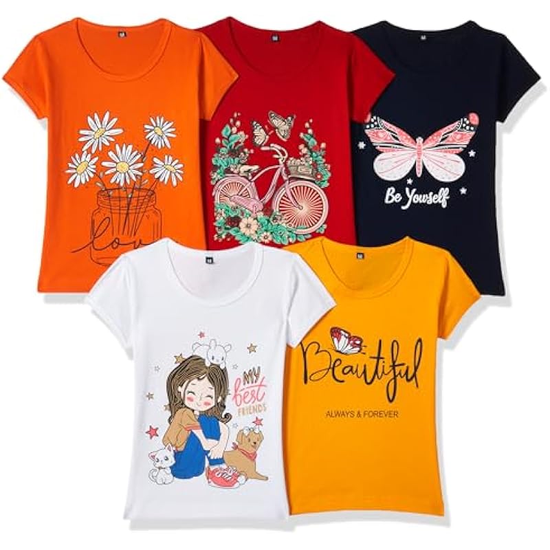 T2F Girl's Solid Regular Fit T-Shirt (GLS-TSRT-01_Multicolor 6 3-4 Years)
