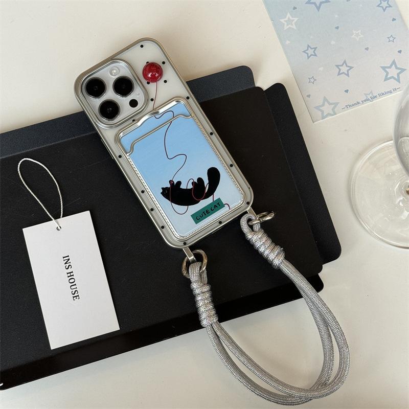 Electroplated Lanyard Style Suitable for Apple 16promax Protective Case Kitten Card Insert  IPhone1513 Phone Case Shockproof