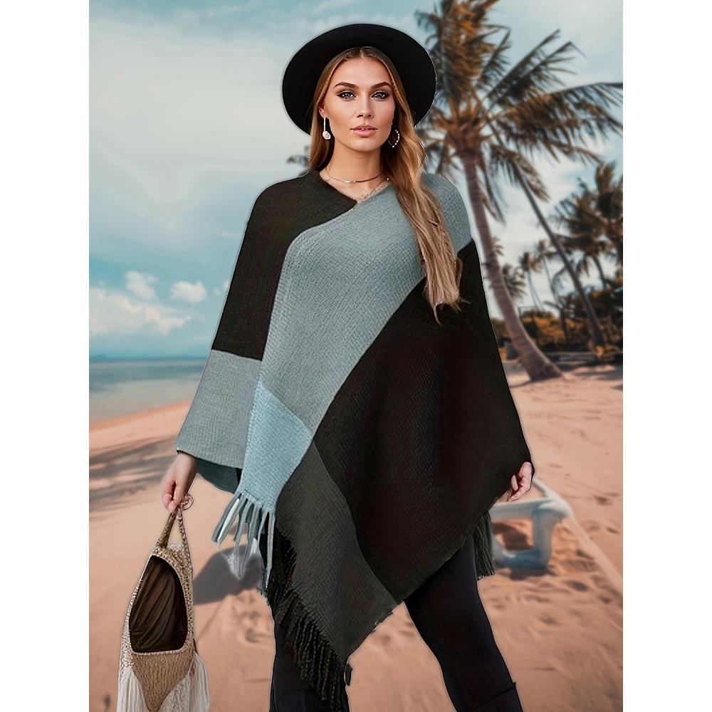 Plus Size Women Color Block Knit Cape Sweater, Batwing Sleeve Pullover Shawl for Autumn Winter