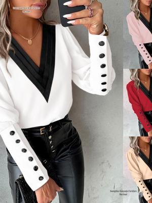 2026 Autumn Fashion V-Neck Solid Color Long Sleeve Button-Up Women's Shirt