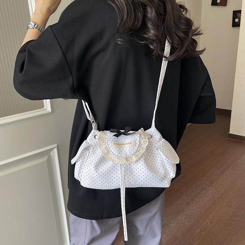 Yogodlns Lace Polka Dot Shoulder Bag Cute Drawstring Flap Crossbody Handbag Sweet Vintage Messenger Purse Daily Casual
