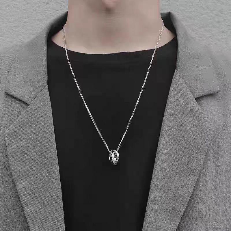Minimalist Geometric Double Circle Titanium Steel Pendant Necklace Men Women Hand Polished Lightweight Daily Wear