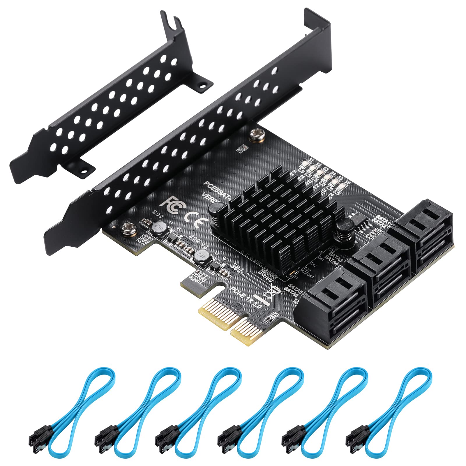 

YBBOTT PCIe SATA 6 PCIE Expansion 6 Port PCIE 1X SATA SATA GEN3 ASM1166 Chipset with 6 SATA Cables and Flat Bracket Gbit/s Card, Card, Controller, чорний