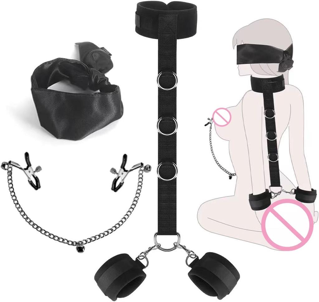 Handcuffs Nipple Clamp Adult Sex Game Bondage Restraints Fetish Collar Chain Bra Clips BackHandcuff Eye Blinder Sex Product