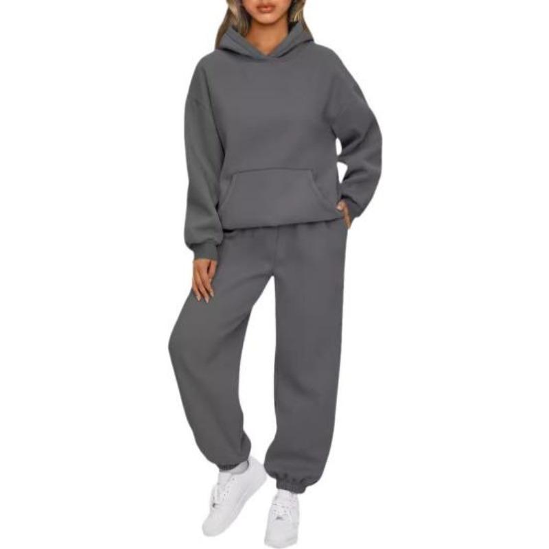 2 pezzi/set da donna, top sportivo, pantaloni, set con cappuccio, manica lunga, colore puro, felpa con cappuccio