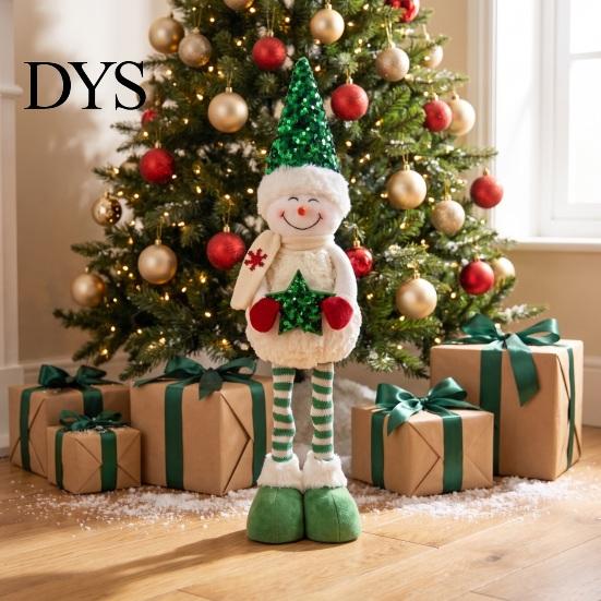 Retractable Long Leg Snowman Dolls Christmas Plush with Extendable Legs, Sequins Hat Holding Star Soft Decor Doll, Standing Legs Xmas Decoration