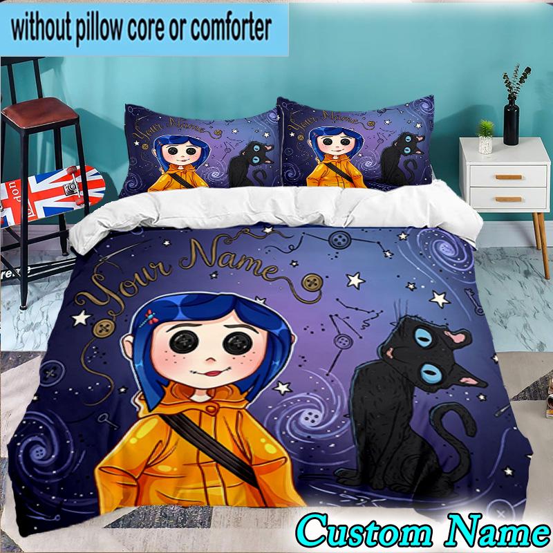 Custom Name 3PCS Mystery Coraline's World Bedding Set,Including Duvet Cover And 2pcs Pillowcases Perfect for Bedroom,Dormitory,Fan Christmas Gift