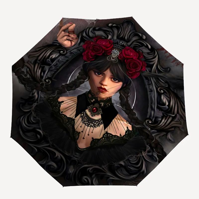 

1PC Wednesday Addams Print Umbrella, Featuring Automatic Folding, And Shielding. This Sturdy And Durable Umbrella with Eight Ribs Is Convenient for Ou