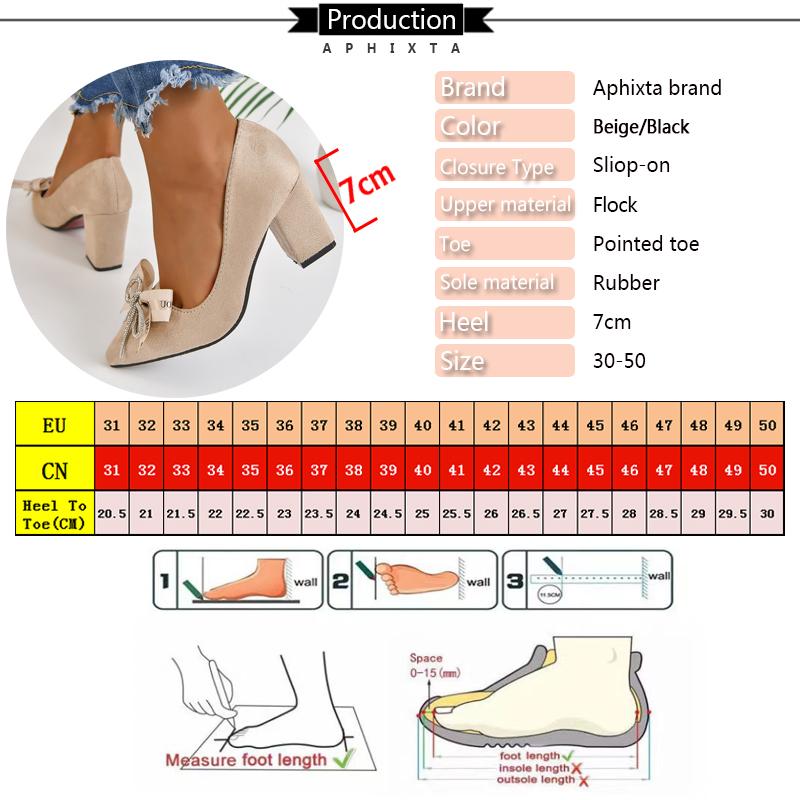 Fashion Aphixta Beige Crystal Bow With Letters 7cm Heels Pumps Women Students And Adults Pointed Toe Flock Suede Shoes Plus Size 30-50