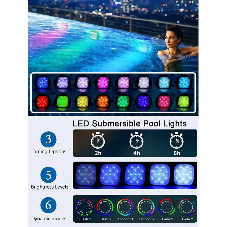 Underwater Lights LED Submersible Pool Lights Rechargeable 200FT Remote Control Swimming Pool Light with Timer Color Changing
