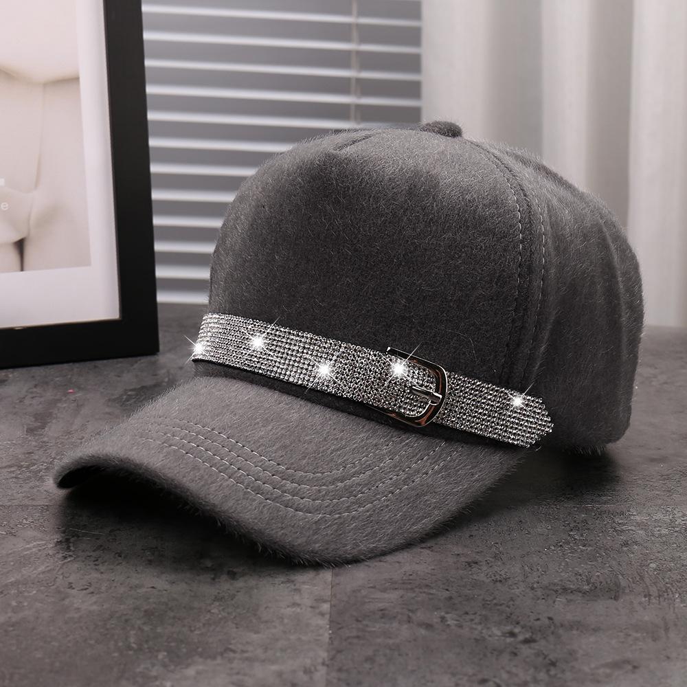 Autumn and winter fashion new sticky rhinestone belt decorative baseball cap plush warm comfortable age reducing versatile cap