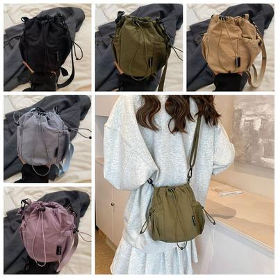 Style Drawstring Bucket Bag Solid Color Large Capacity Nylon Crossbody Bag Mesh Adjustable Shoulder Strap Shoulder Bag