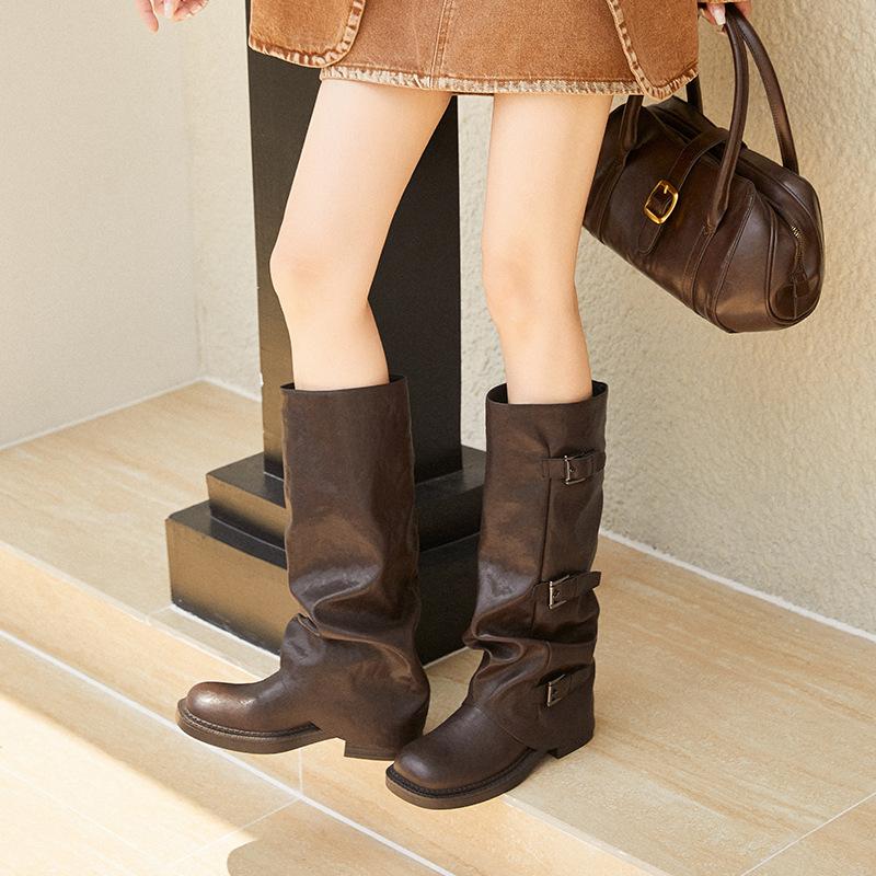 Cowhide version~ Wang Xiaodu genuine leather heightened 4.5cm stacked Martin knight boots women's medium tube western trouser tube boots