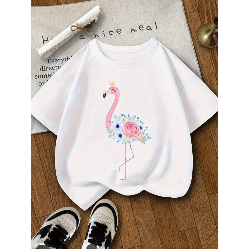 Kids Crewneck Tee, Pink Flamingo Crown Floral Print 110 белый