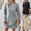 Spring Fall Dress Textured Long Sleeves Round Neck Solid Color Loose Straight Mini