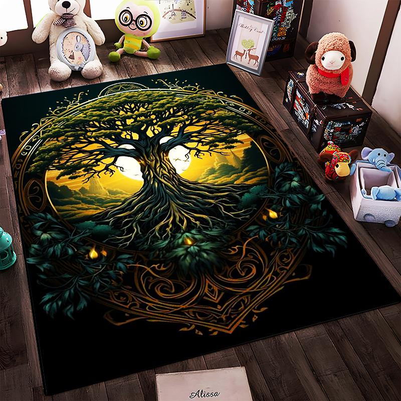 "Tree of Life Carpet with Golden Glow and Nature Art Design Print" Suitable for use as an anti-slip for living room bedroom sofas