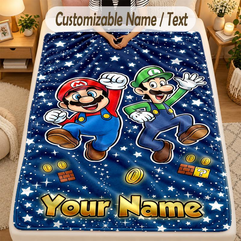Flannel BlanketSuper Mario Custom Name Text Personalized Soft Warm Throw Blanket Home Decor Gift