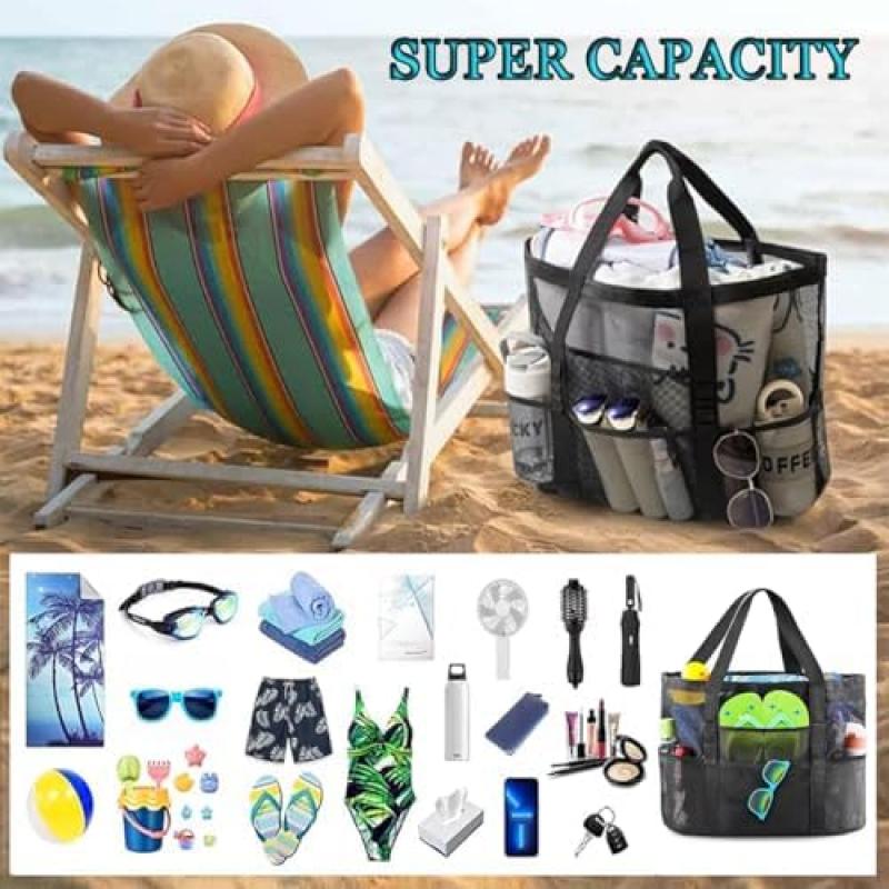 FaJoek Große Netz-Strandtasche Faltbare Strandtasche für Damen, Sandspielzeug-Netzbeutel Tragbarer Netz-Strandspielzeug-Träger