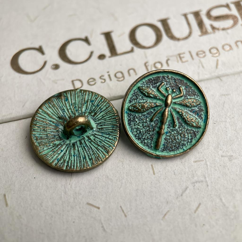 10pcs 17mm Vintage Metal Shank Buttons, Dragonfly Engraving with Green Patina, DIY Jewelry Accessories Flower Button Clothing Accessories