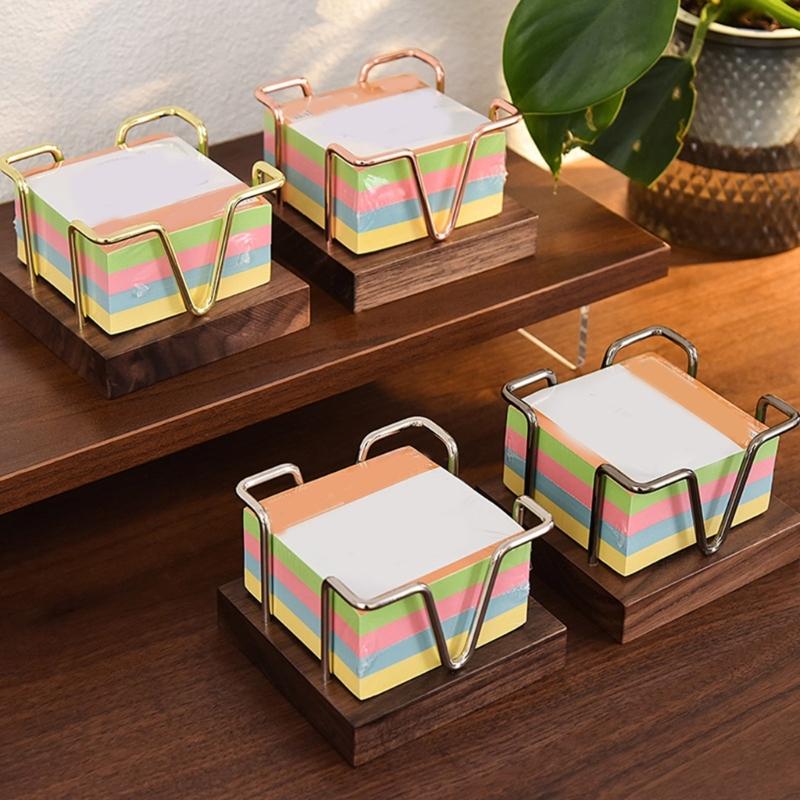 Iron Wire Note Block Stand with Wood Base Desk Notepads Storage Box Memo Pad Organizers Stand For Office Desk 94x94mm