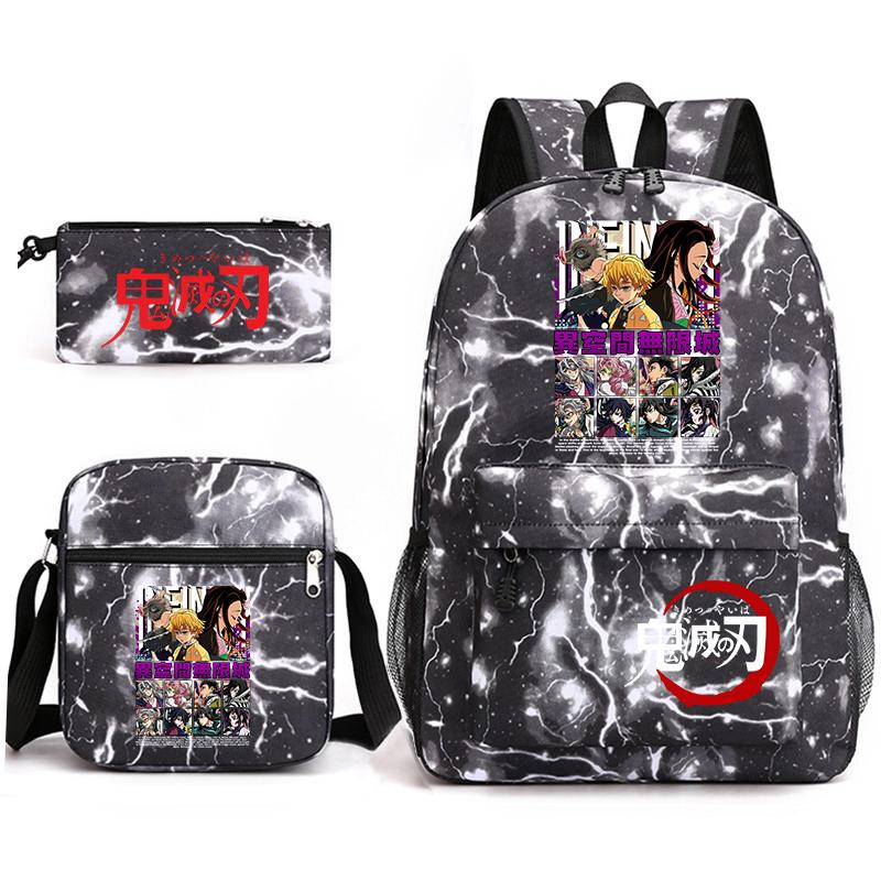 Demon Slayer Anime Print School Backpack Set 3Pcs Include Backpack Shoulder Bag Pencil Case for Boys Girls Students