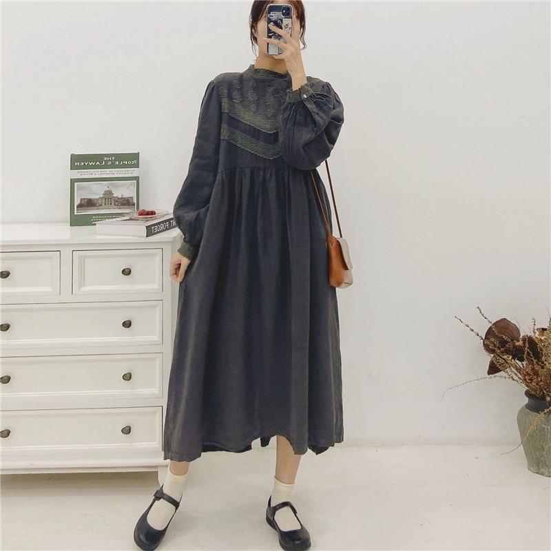 Johnature Women Emboridery Floral Vintage Linen Loose Dress Autumn Solid Color Ruffles Full Sleeve Female Dresses