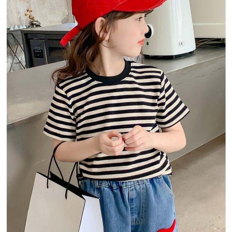 Girls' Short Sleeved T-shirt Striped Summer Children's Korean Summer Outfit Half Sleeved Girls' Thin Top T-shirt