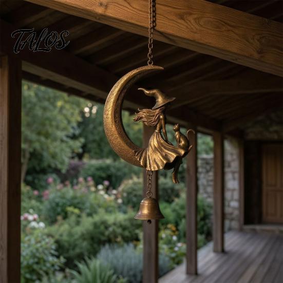 Witch Decor for Home Moon Wind Chime, Gothic Crescent with Black Cat Hanging Bell, Meditation Space Accents Mystical Garden Porch Patio Balcony