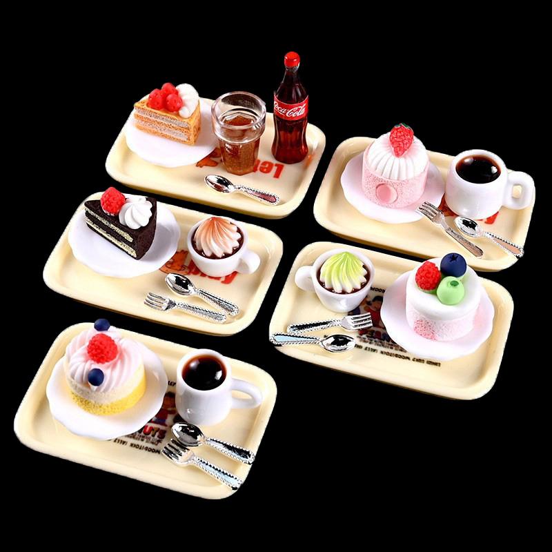 1Set Dollhouse Miniature Cheese Cake Coffee Cake Dessert Set Pretend Food Mini Cake For Bjd Dolls Toys Accessories