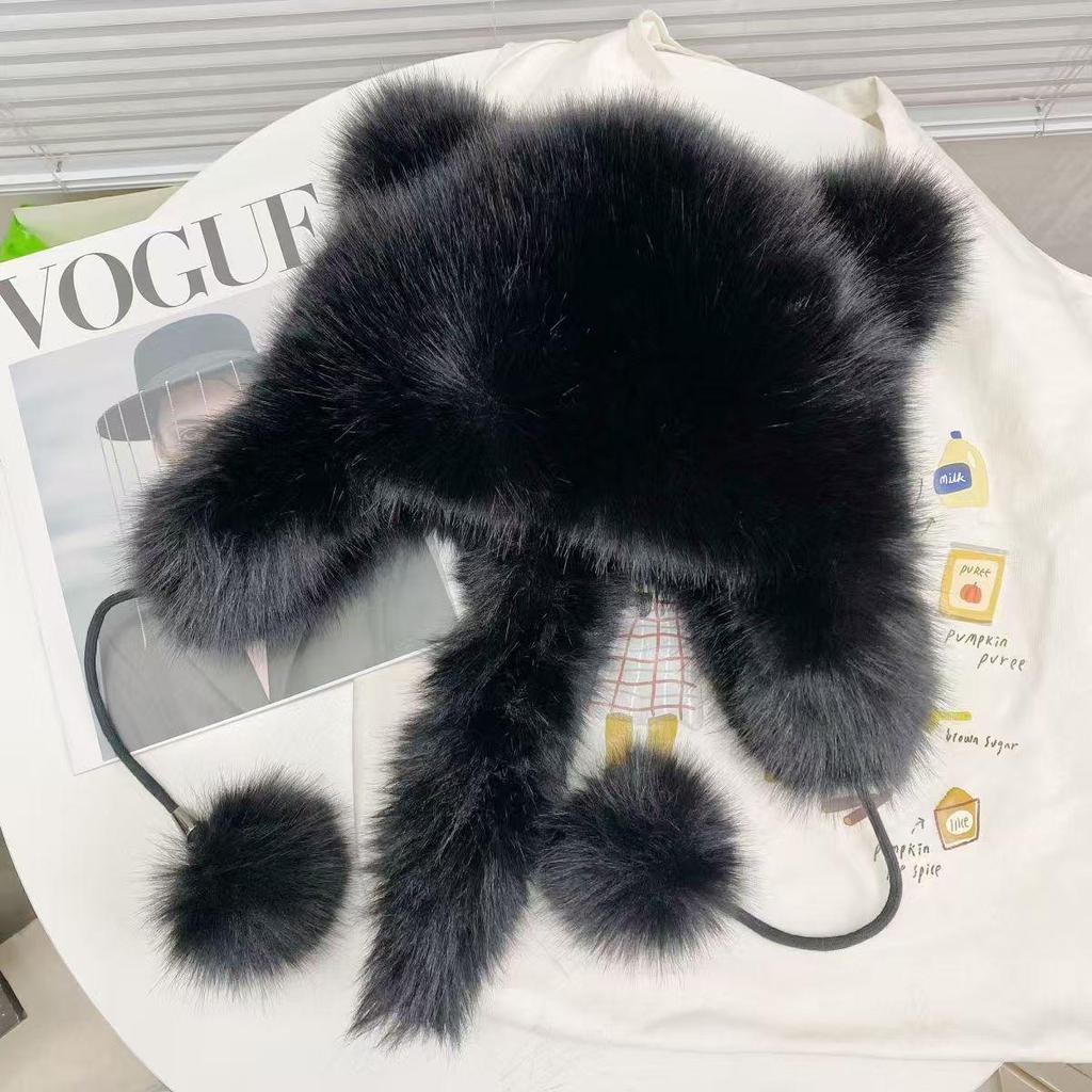 Girls' Winter Furry Lei Feng Hat with Cute Bear Ears and Face-Revealing Design for Northeast China