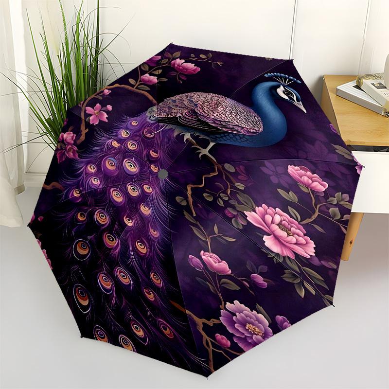 1PC Peacock Flowers Umbrella-8-Rib Reinforced, Automatic Open, Lightweight & Durable, Fashion Accessory for Outdoor, Beach L0354