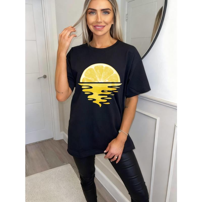 Black Oversized T Shirt Lemon Slice Water Reflection Print Summer Casual Wear