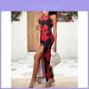 Street Style Print Dress With U Neck And Slit For Spring Fashion Trendy Women